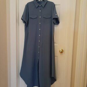Blue Lightweight High-Low Button-Down Tunic Shirt Maxi Dress